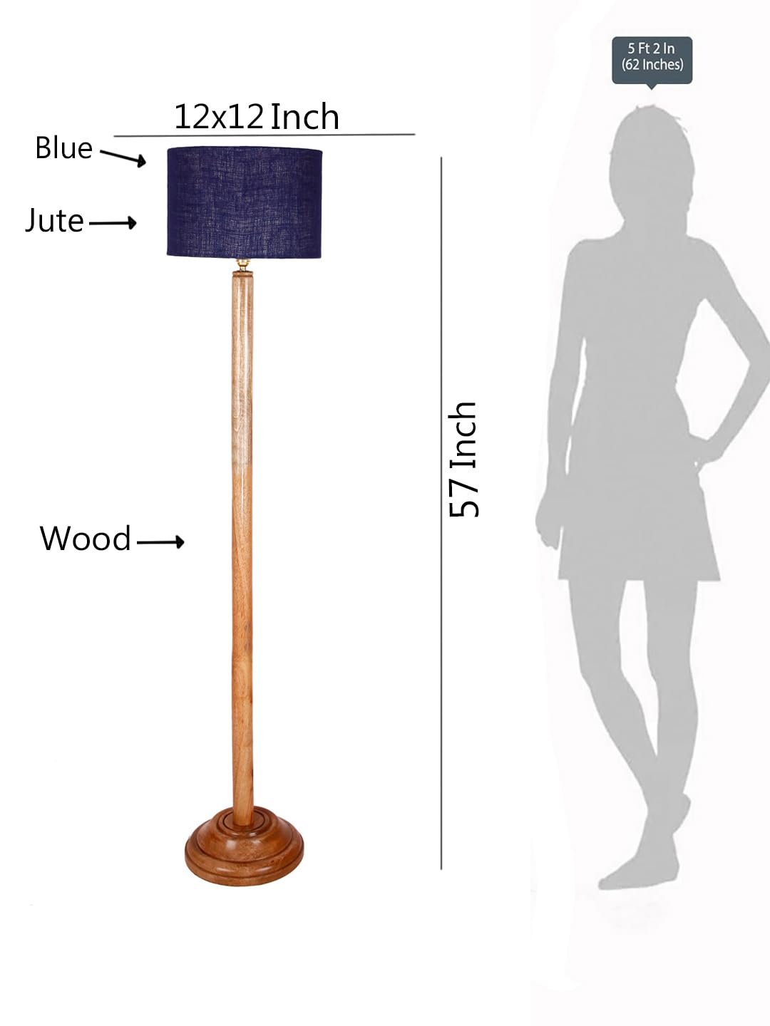 Blue Jute Drum Shade with Wood Floor lamp for Decoration/Office/Home/Gifting/Study .-(12x12x57 Inches)
