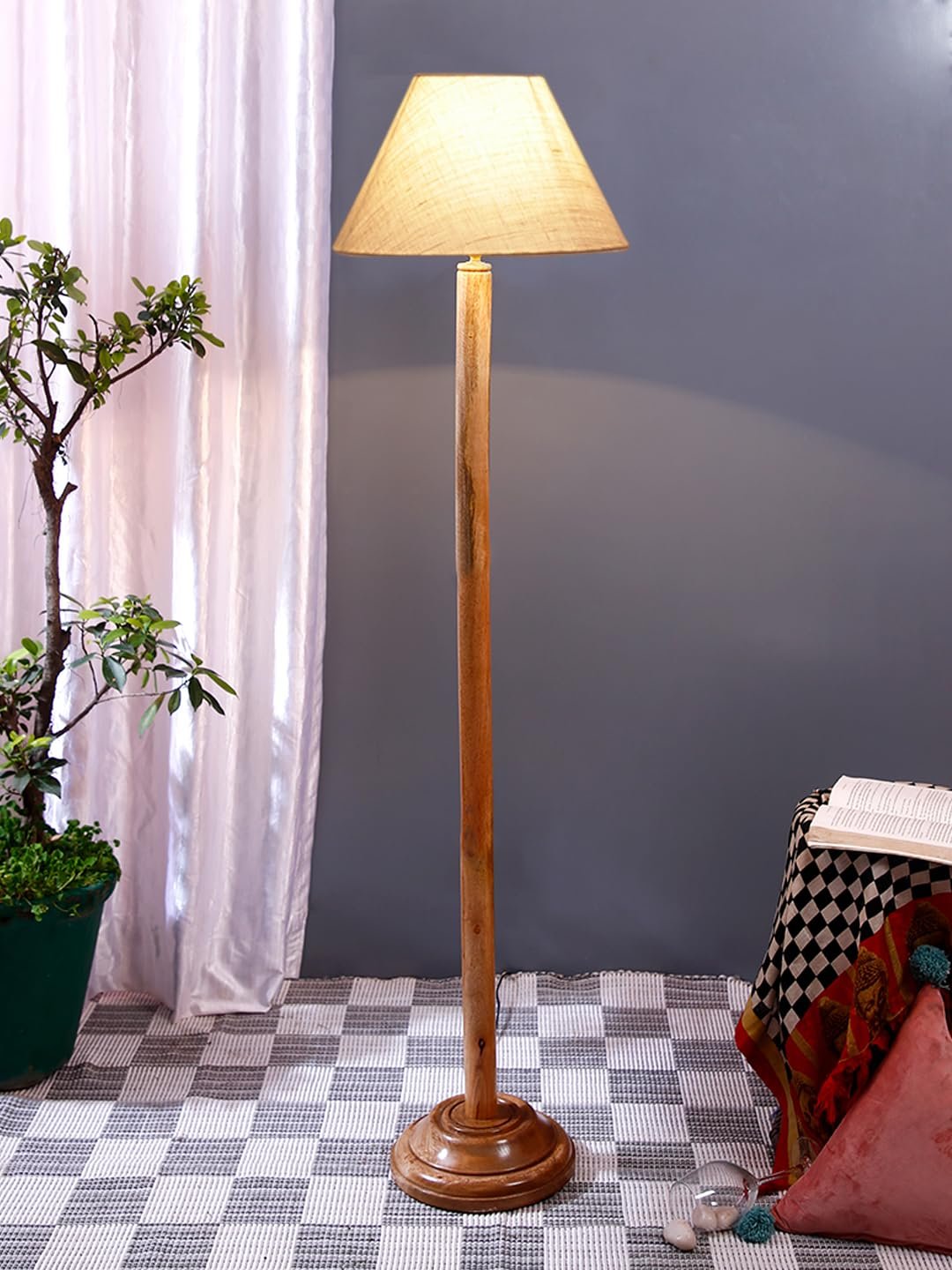 White Jute Conical Shade with Wood Floor lamp for Decoration/Office/Home/Gifting/Study .-(14x14x58.7 Inches)
