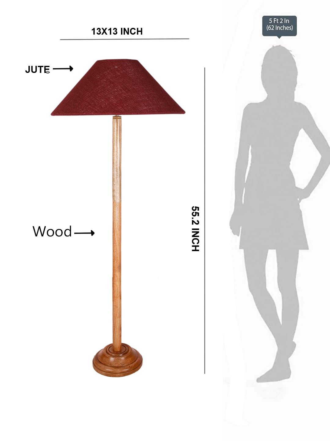 Maroon Jute Coolie Shade Wood Floor lamp for Decoration/Office/Home/Gifting/Study .(13x13x55.7 Inches)