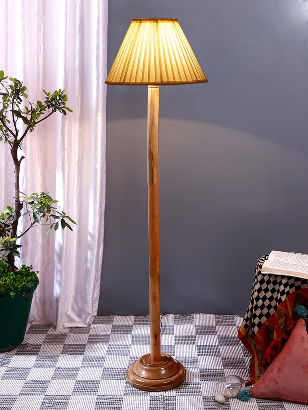 Off White Cotton Knife Pleated Cotton Shade Wood Floor lamp for Decoration/Office/Home/Gifting/Study-(12x12x56.7 inches)