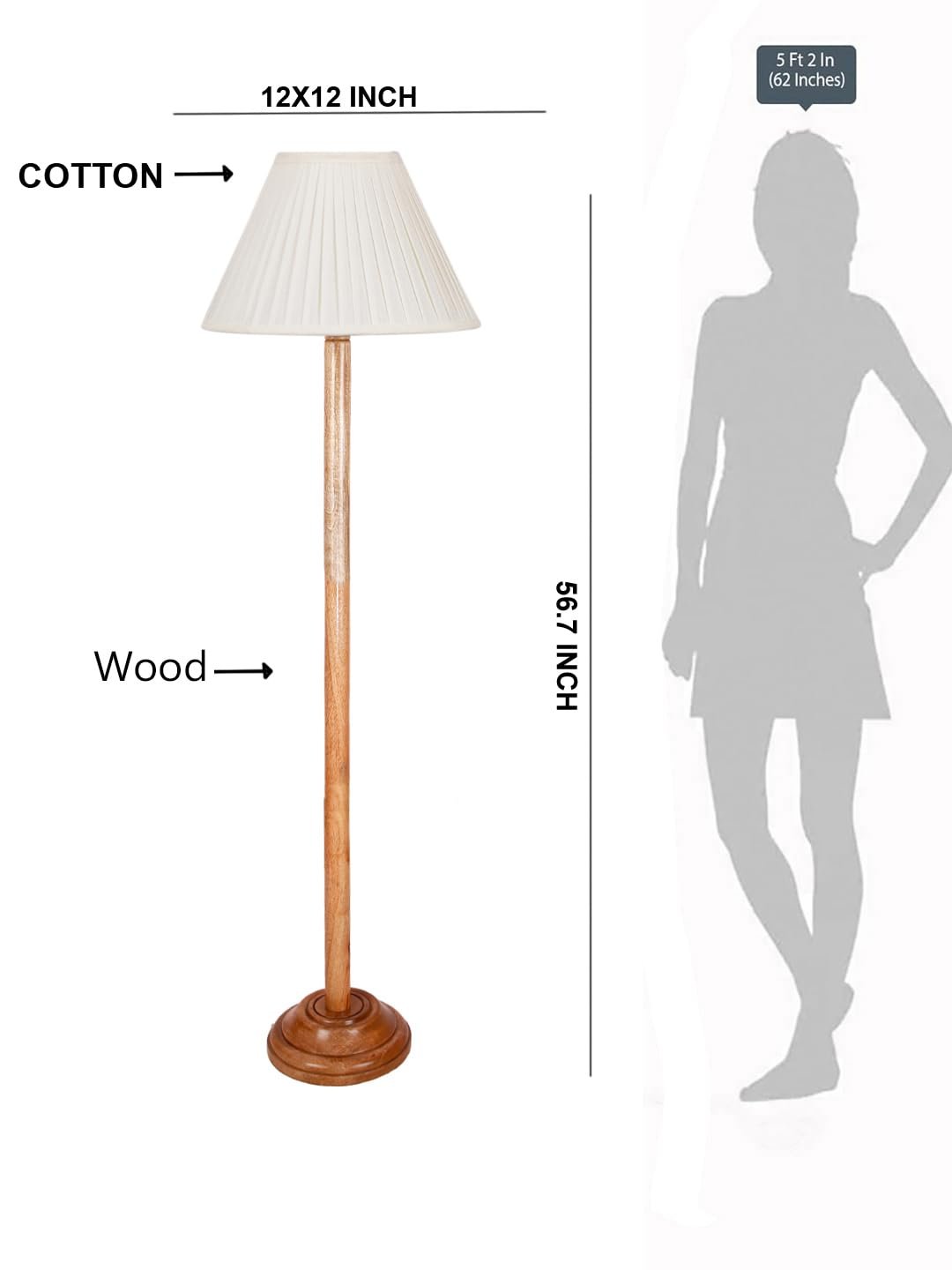 Off White Cotton Knife Pleated Cotton Shade Wood Floor lamp for Decoration/Office/Home/Gifting/Study-(12x12x56.7 inches)