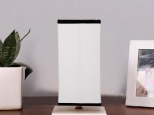 Square White & Black Cotton Table lamp with White Wood Base -48