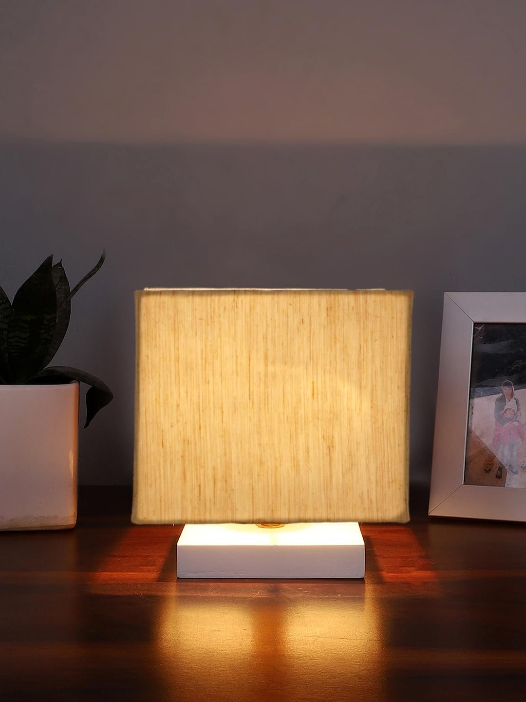 Off-White Square Cotton Table lamp with White Wood Base -57