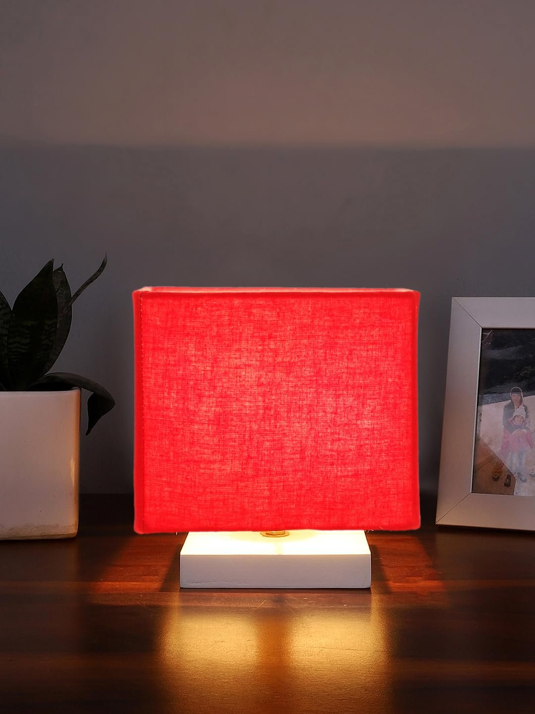 Square Red Cotton Table lamp with White Wood Base -59