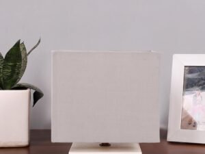 Square Grey Cotton Table lamp with White Wood Base -62