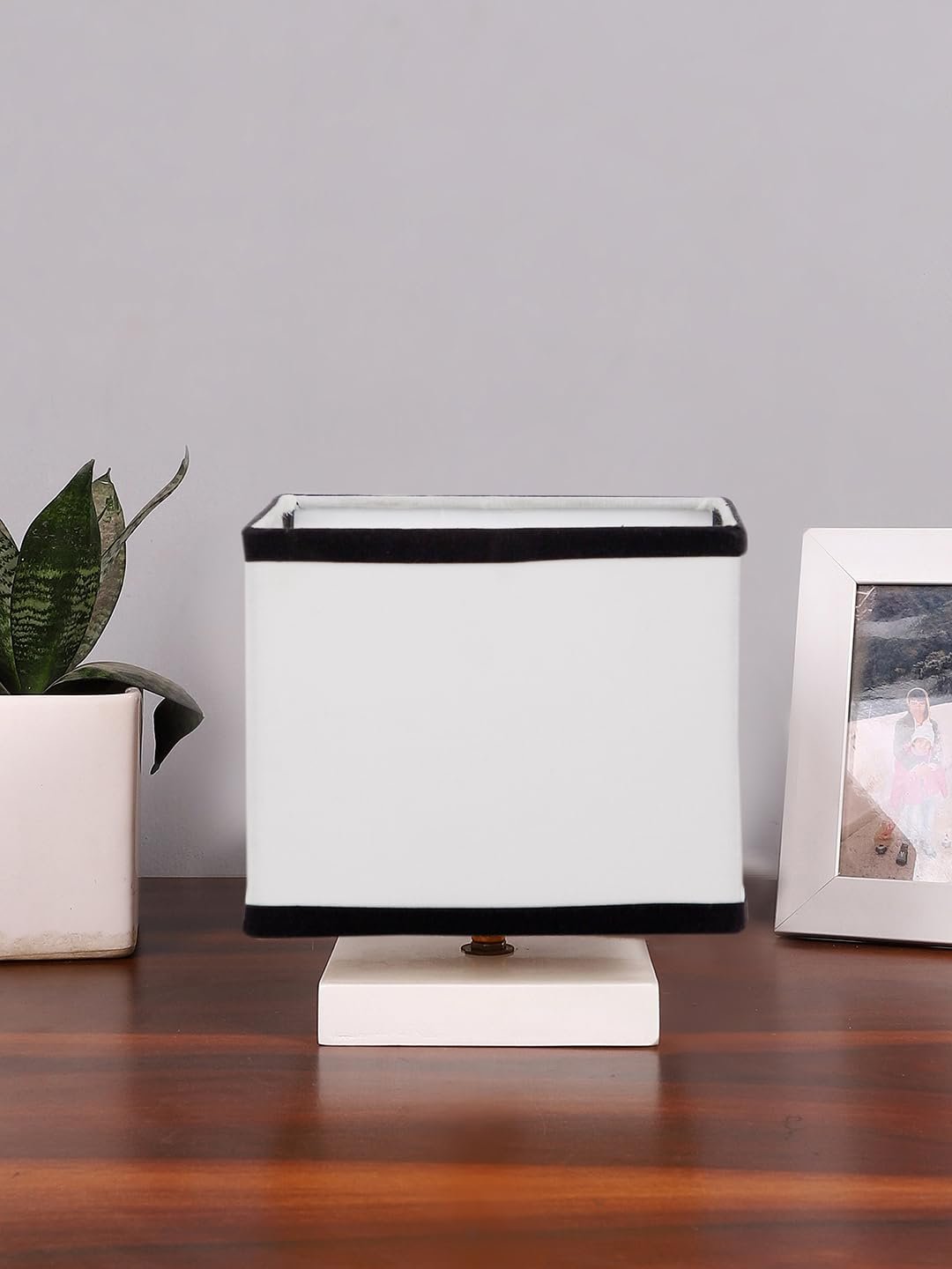 Square White & Black Cotton Table lamp with White Wood Base -63