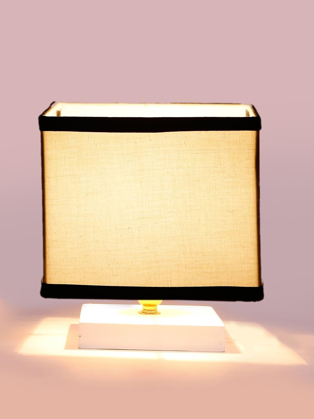 Square White & Black Cotton Table lamp with White Wood Base -63