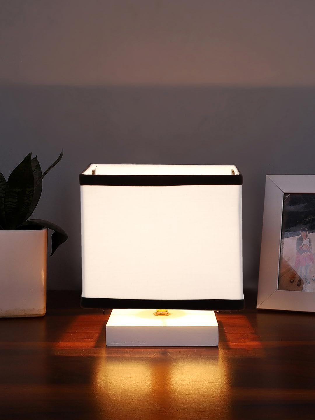 Square White & Black Cotton Table lamp with White Wood Base -63
