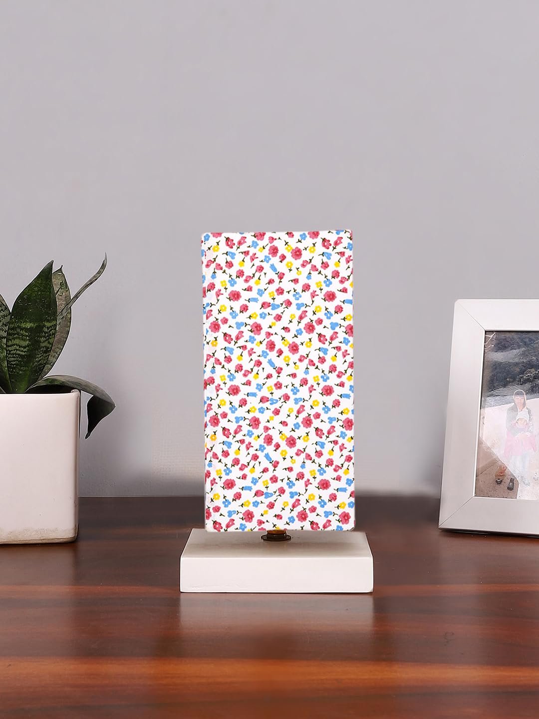 Square Multicolor Cotton Table lamp with White Wood Base -56