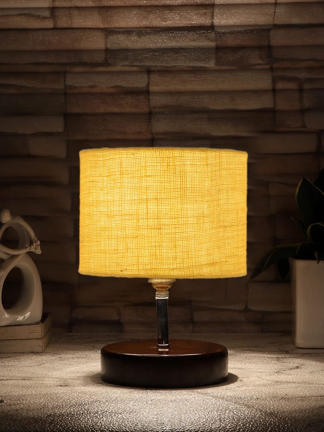 Yellow Jute Table Lamp with Brown Wood Base (YK103)