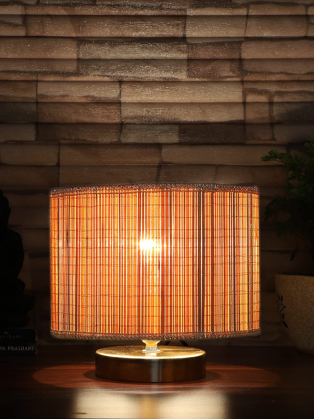 Round Bamboo Table lamp with Gold Wood Base