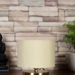 Off-White Cotton Table lamp with Gold Wood Base