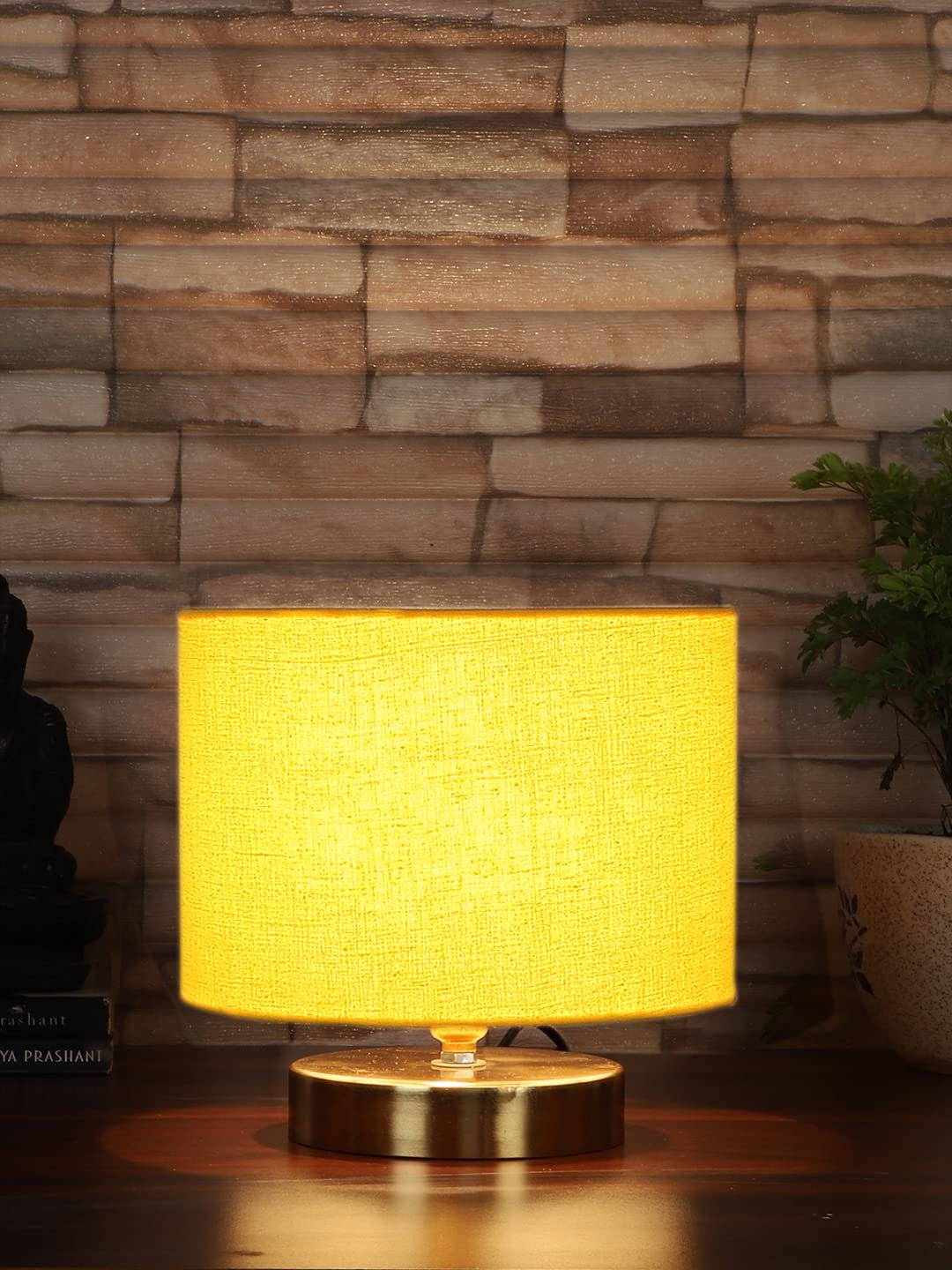 Yellow Cotton Table lamp with Gold Wood Base