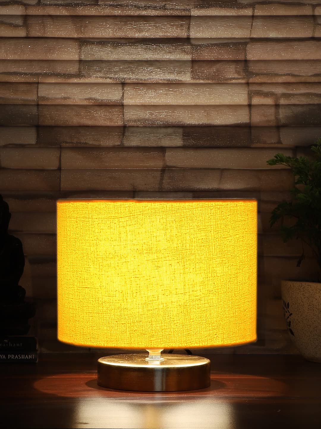 Yellow Cotton Table lamp with Gold Wood Base
