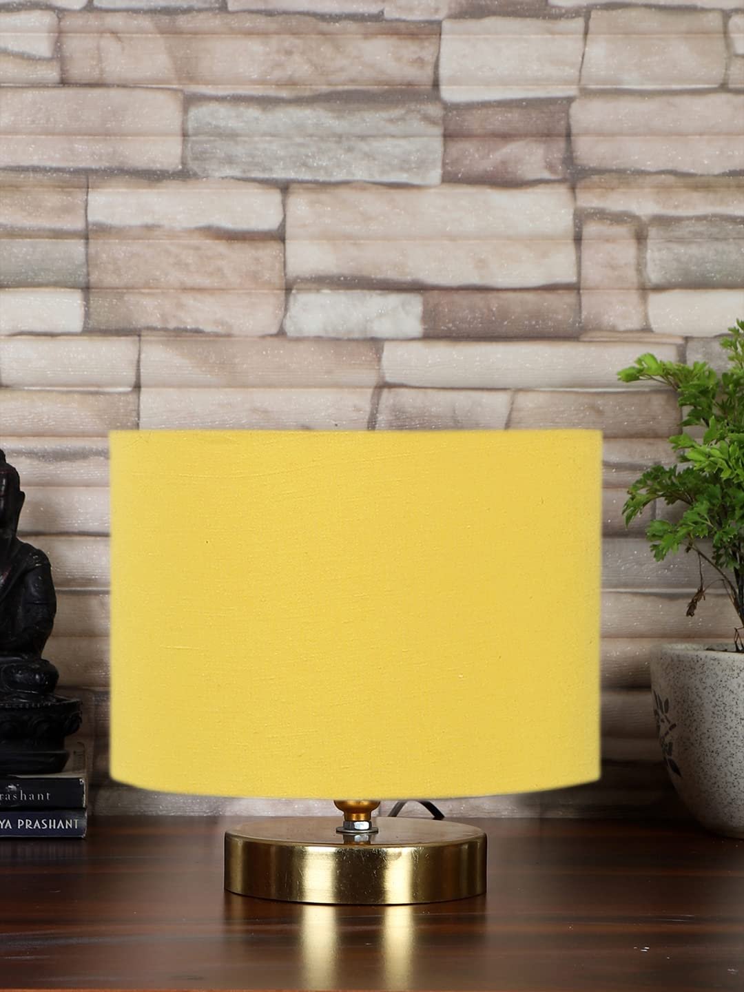 Yellow Cotton Table lamp with Gold Wood Base