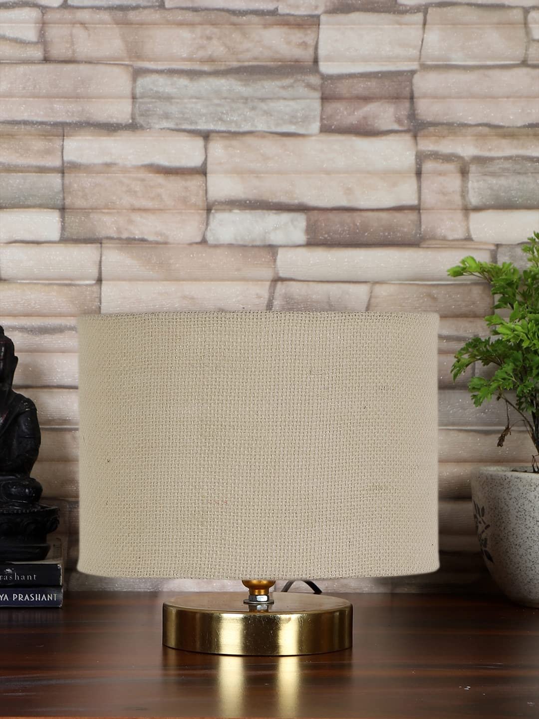 White Jute Table lamp with Gold Wood Base