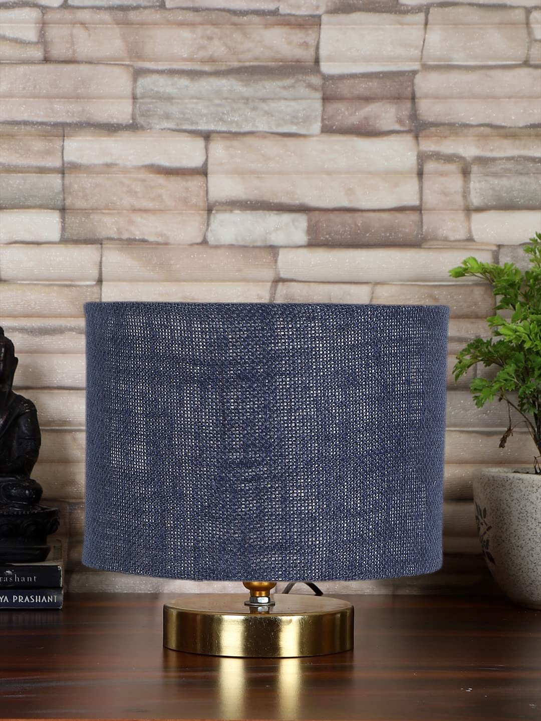 Blue Jute Table lamp with Gold Wood Base