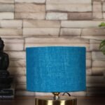 Turquoise Blue Jute lamp with Gold Wood Base
