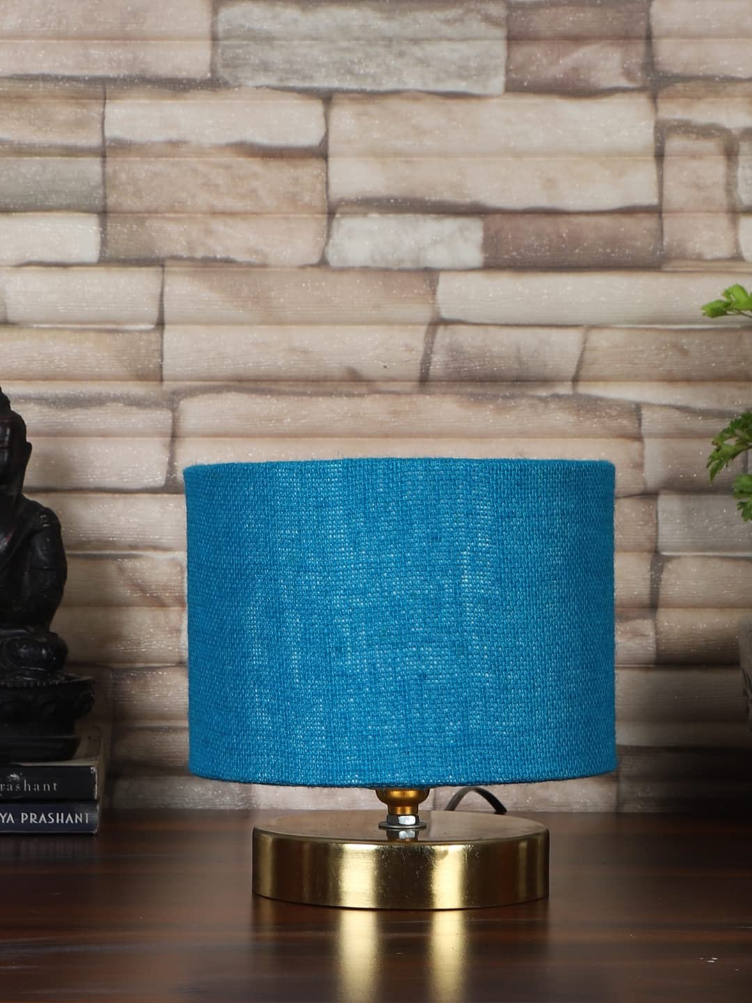 Turquoise Blue Jute lamp with Gold Wood Base