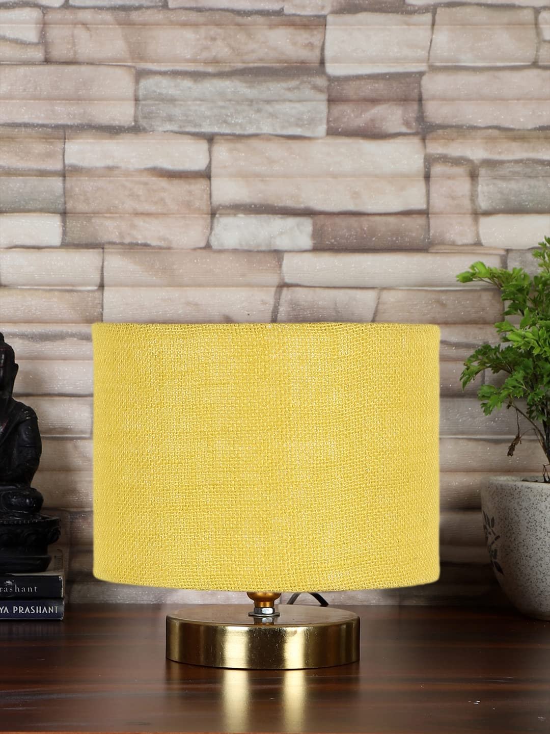 Yellow Jute Table Lamp with Gold Wood Base