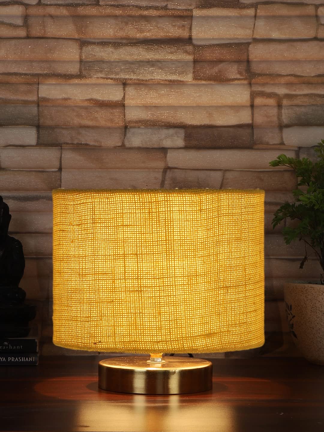 Yellow Jute Table Lamp with Gold Wood Base