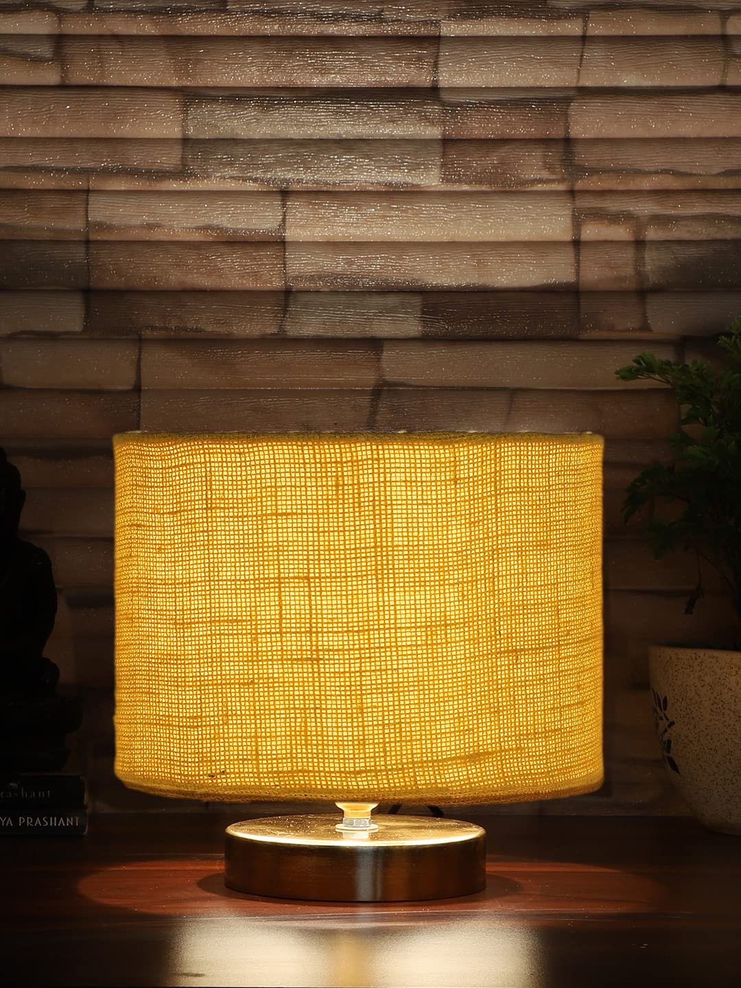Yellow Jute Table Lamp with Gold Wood Base