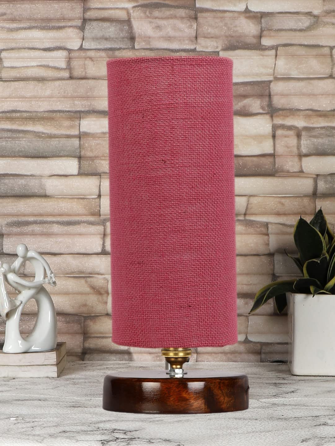 Pink Jute Table lamp with Brown Wood Base