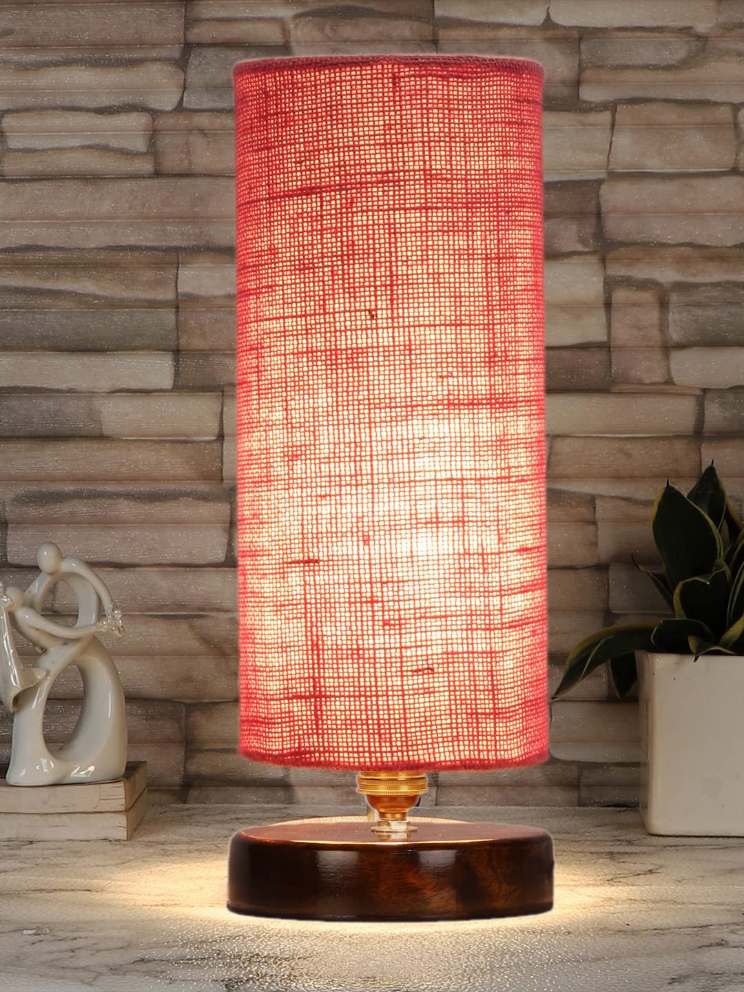 Pink Jute Table lamp with Brown Wood Base