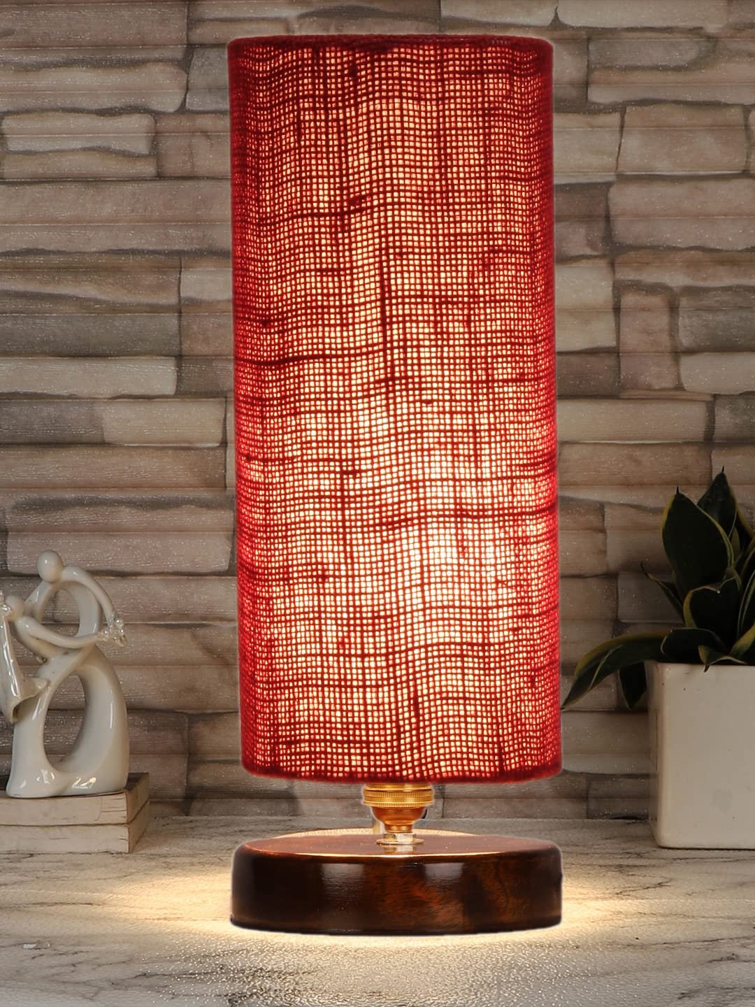 Maroon Jute Table lamp with Brown Wood Base