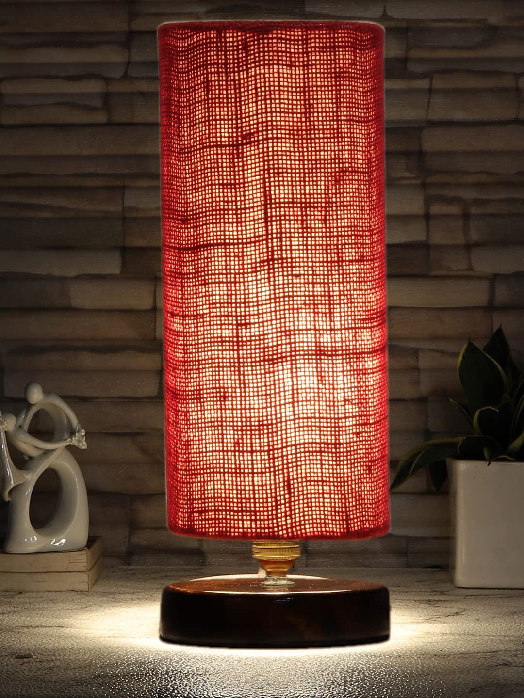 Maroon Jute Table lamp with Brown Wood Base