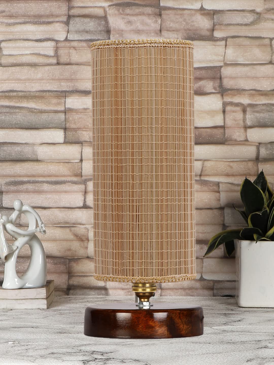 Round Bamboo Table lamp with Brown Wood Base