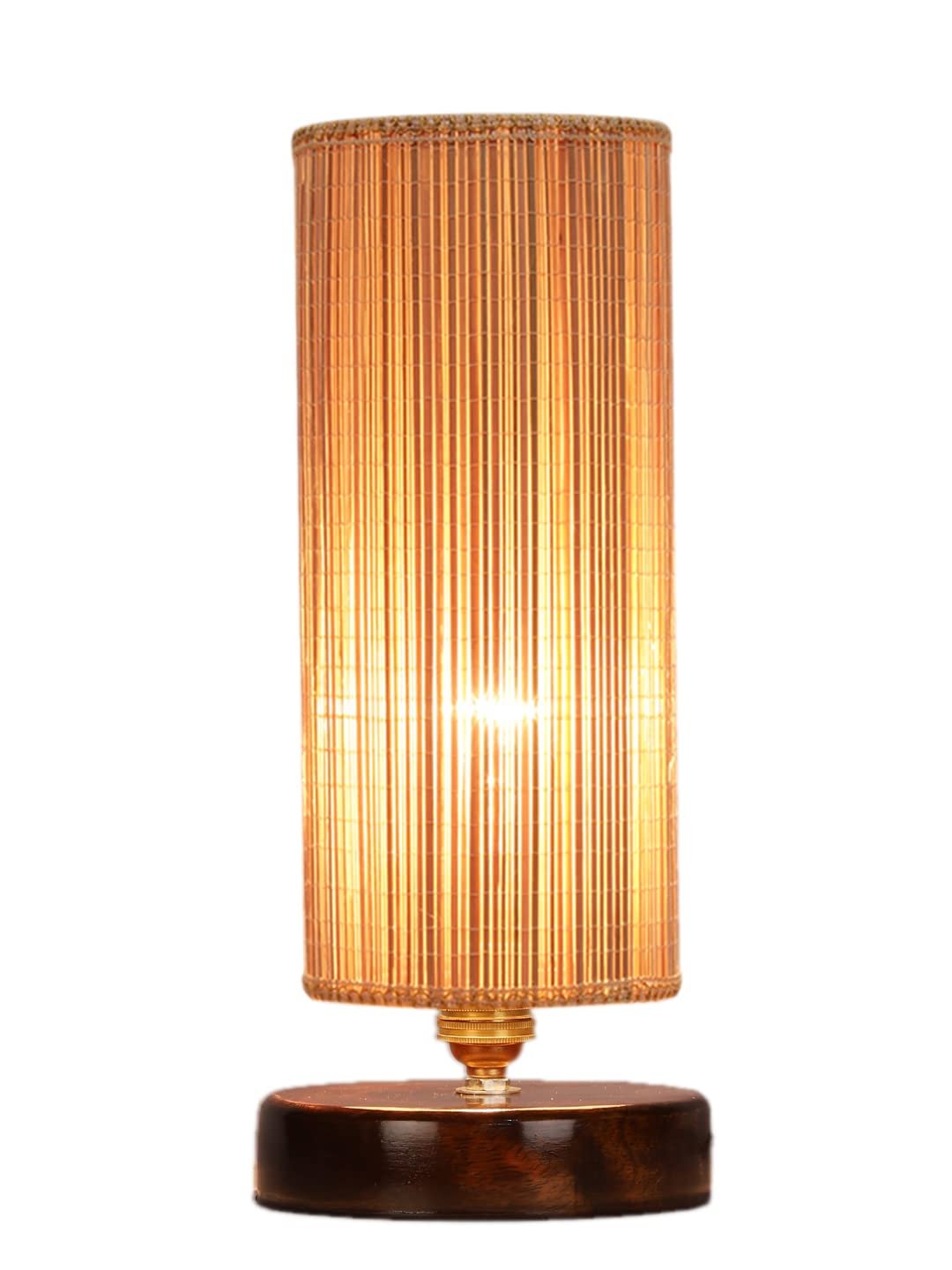 Round Bamboo Table lamp with Brown Wood Base