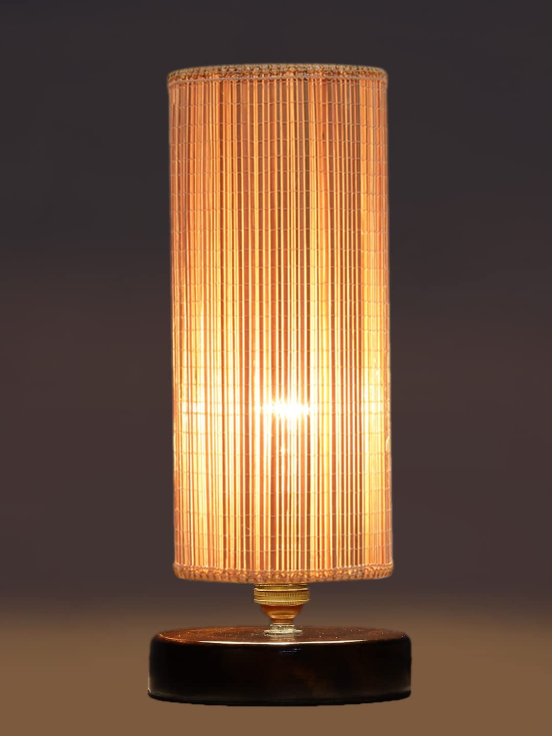 Round Bamboo Table lamp with Brown Wood Base