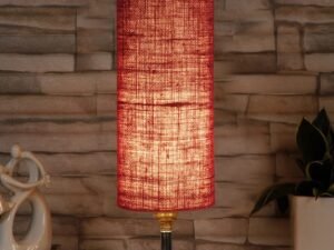 Maroon Jute Table lamp with Brown Wood Base(YK73)