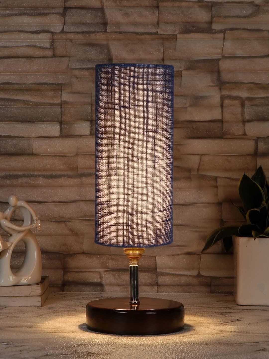 Blue Jute Table lamp with Brown Wood Base(YK74)