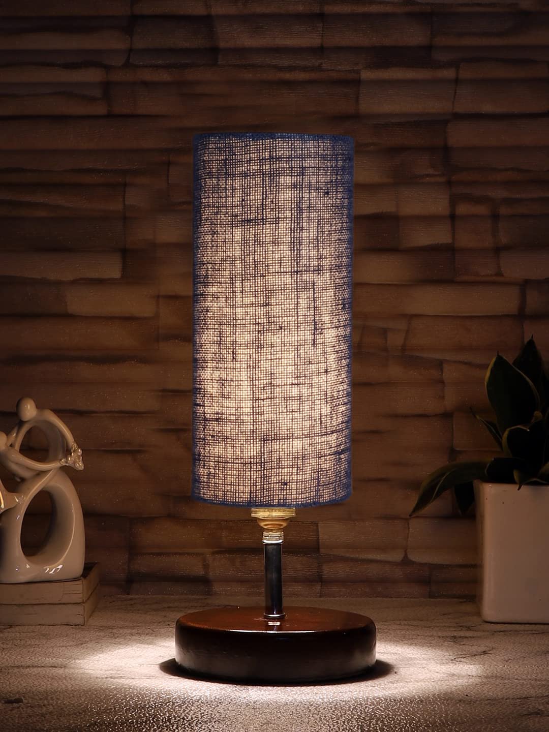 Blue Jute Table lamp with Brown Wood Base(YK74)
