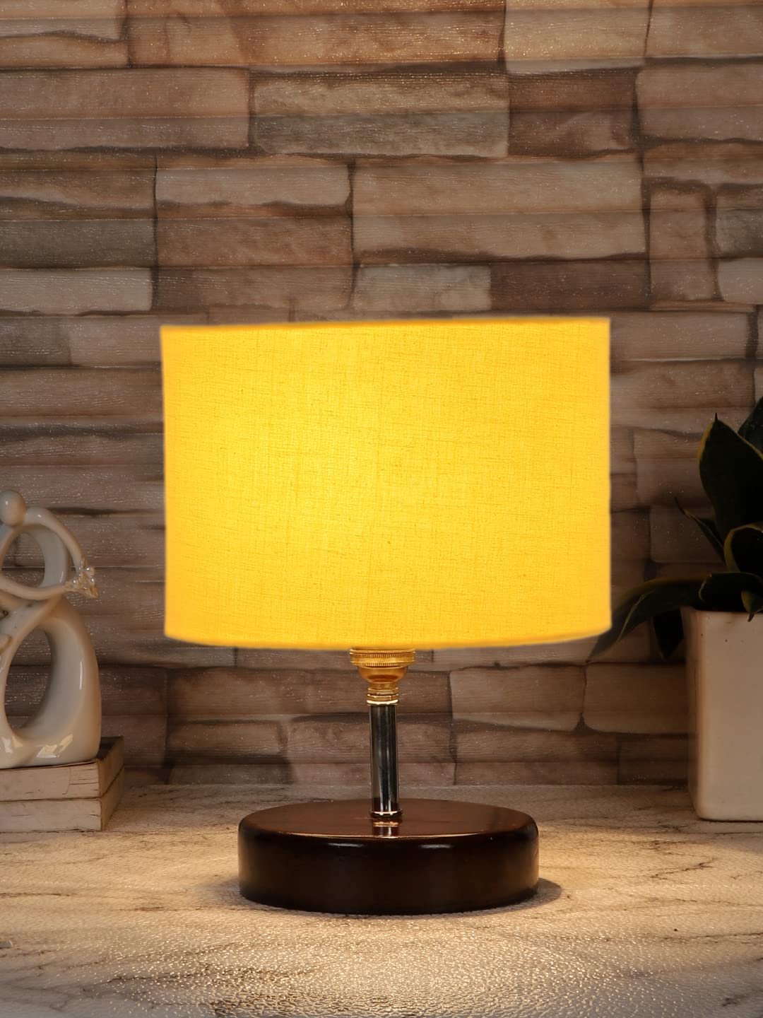 Yellow Cotton Table lamp with Brown Wood Base (YK85)