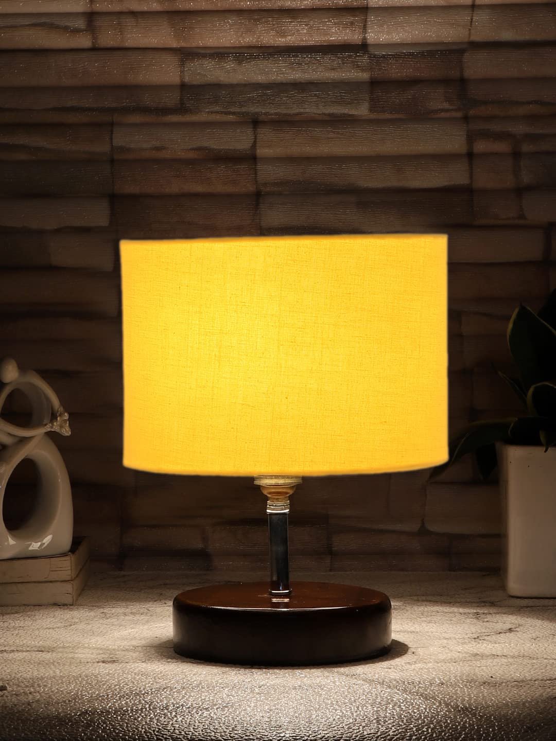 Yellow Cotton Table lamp with Brown Wood Base (YK85)