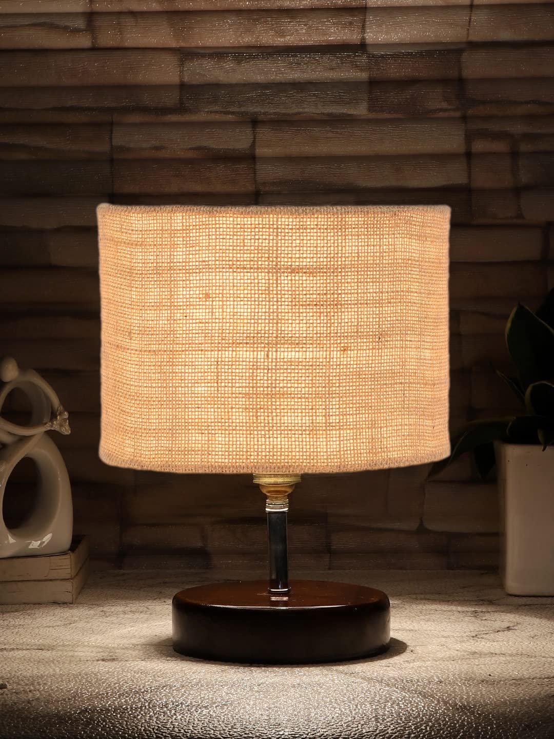 Beige Jute Table lamp with Brown Wood Base (YK88)