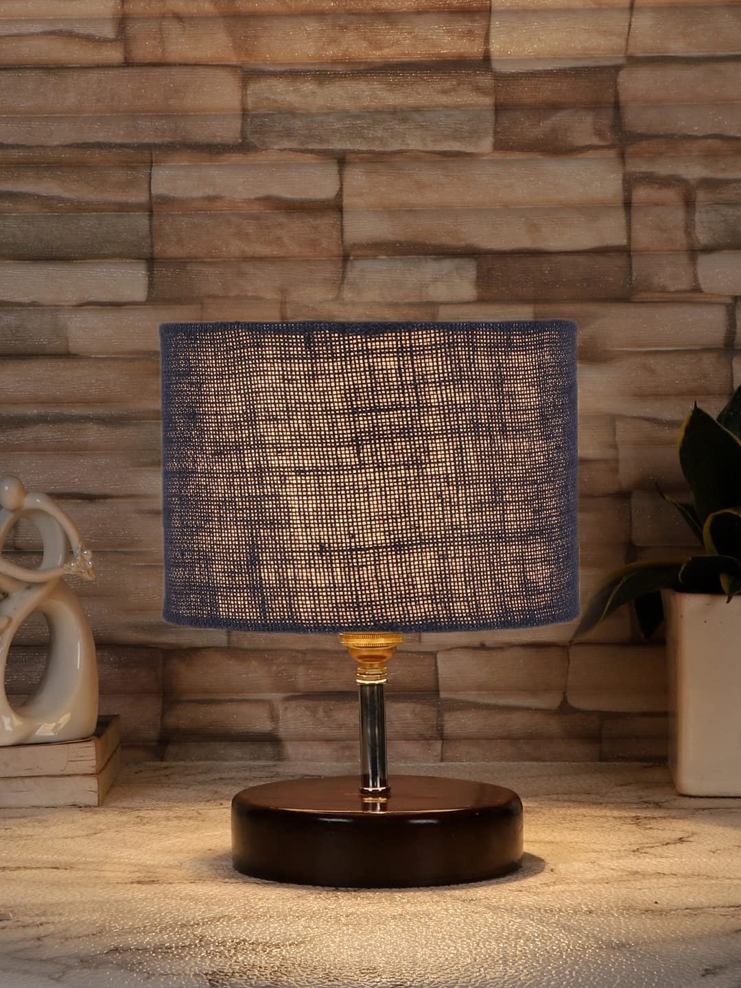 Blue Jute Table lamp with Brown Wood Base (YK92)
