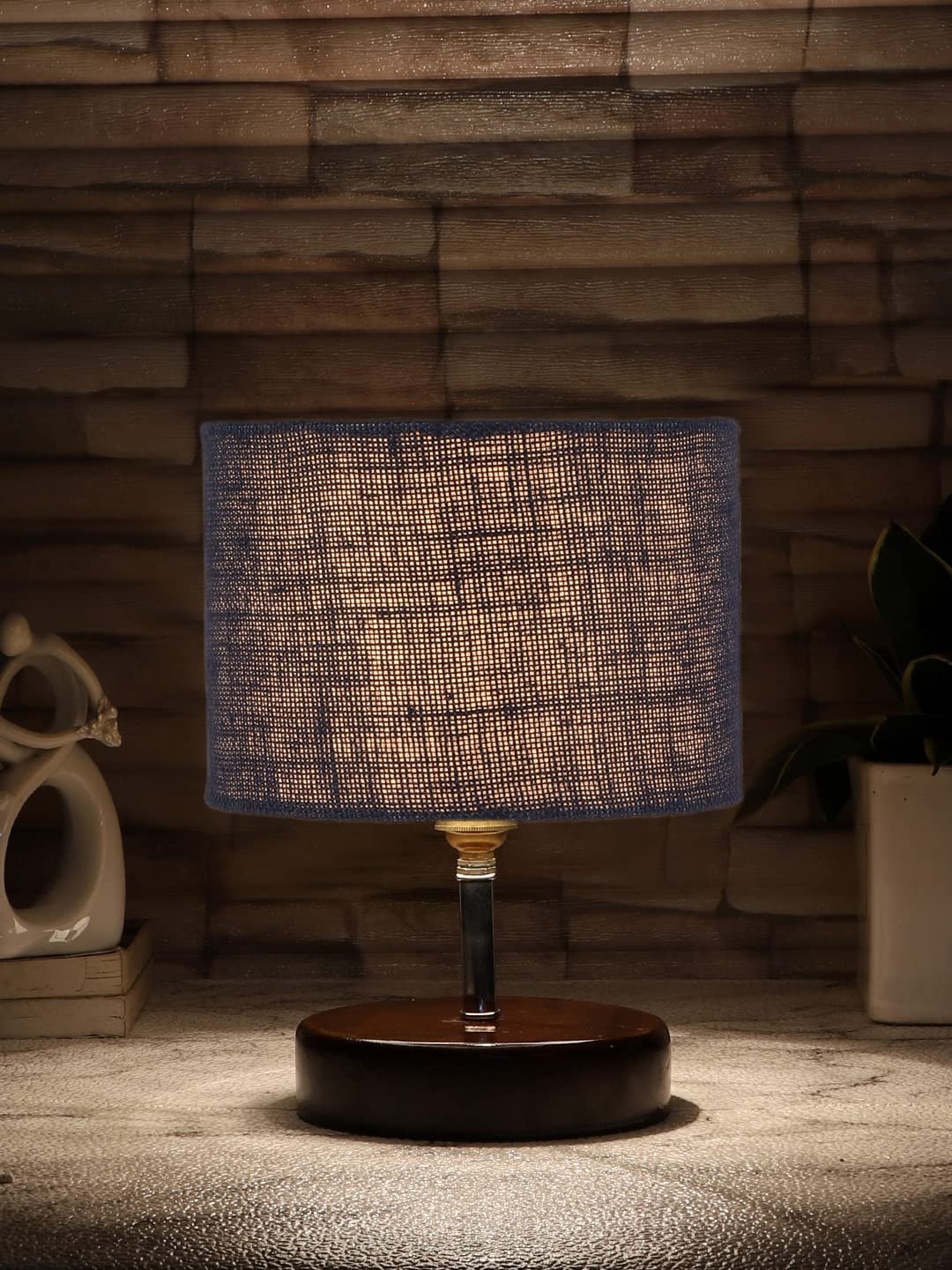 Blue Jute Table lamp with Brown Wood Base (YK92)
