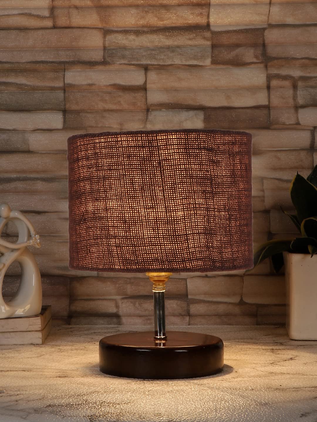 Brown Jute Table Lamp with Brown Wood Base (YK99)