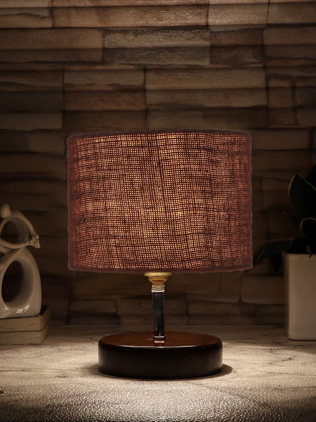 Brown Jute Table Lamp with Brown Wood Base (YK99)