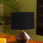 Black Cotton Table lamp with Wood Natural Base (7×12 inches)