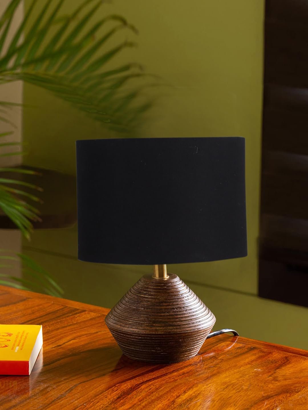 Black Cotton Table lamp with Wood Natural Base (7x12 inches)