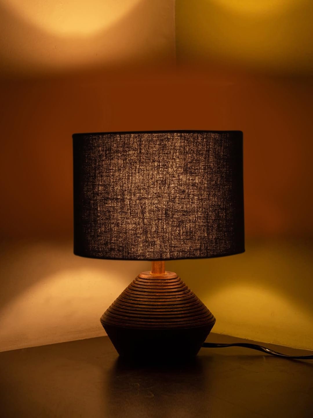 Black Cotton Table lamp with Wood Natural Base (7x12 inches)
