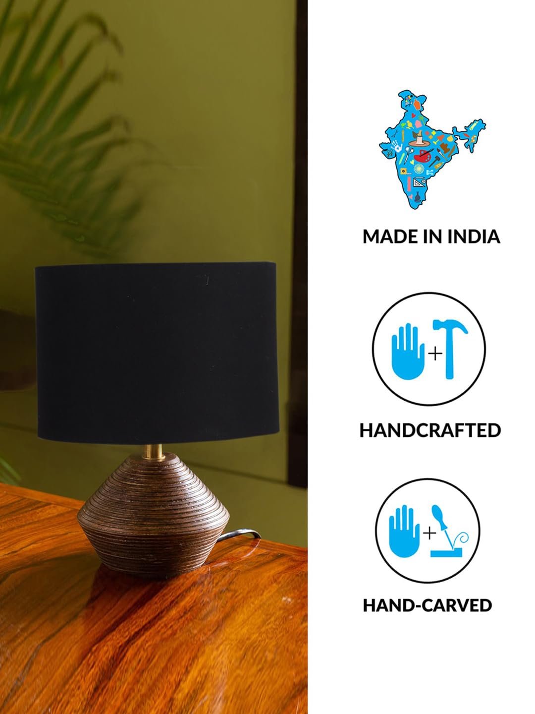 Black Cotton Table lamp with Wood Natural Base (7x12 inches)