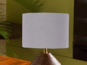 Grey Cotton Table lamp with Wood Natural Base (7x12 inches)
