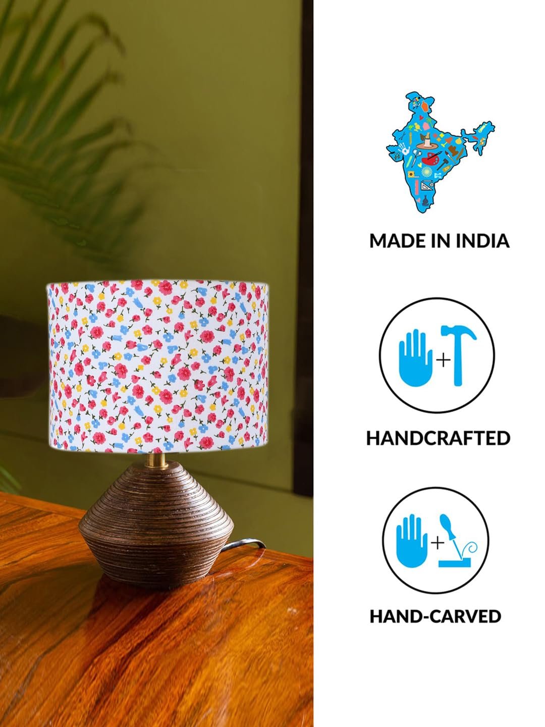 Multicolor Cotton Table lamp with Wood Natural Base (7x12 inches)-20