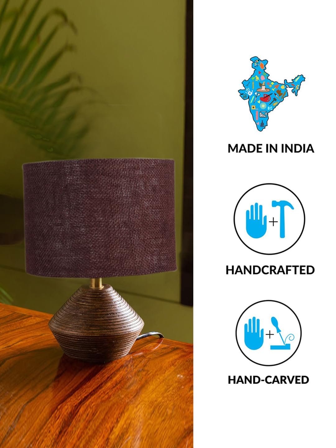 Brown Jute Table lamp with Wood Natural Base (7x12 inches)